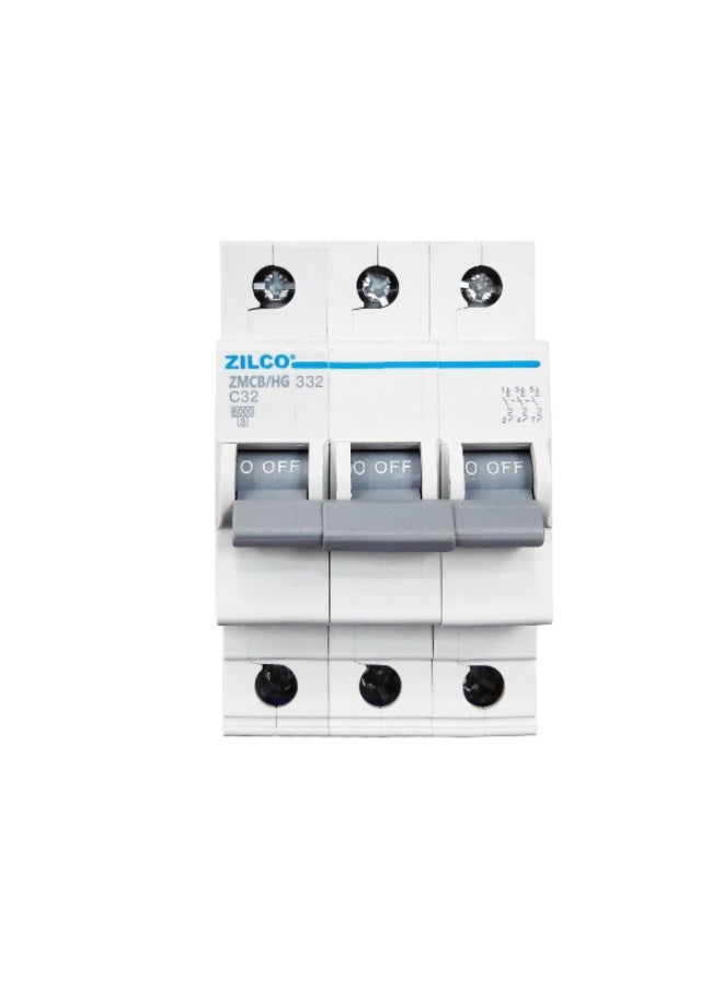 ZILCO 32A TP MCB HG | Triple Pole Miniature Circuit Breaker | Model ZMCB/HG-32TP | Heavy-Duty Switchgear